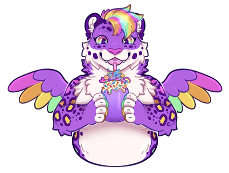 Purple snow leopard with rainbow spots, wings, and hair holding a monster milkshake